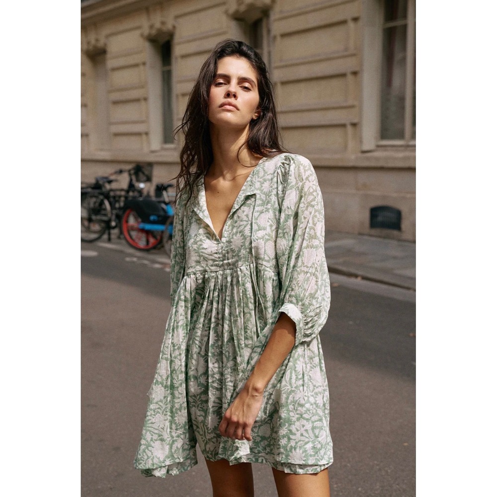 Daughters of India Kyra Mini Dress XL Jade Green Floral Cotton Elevated Boho